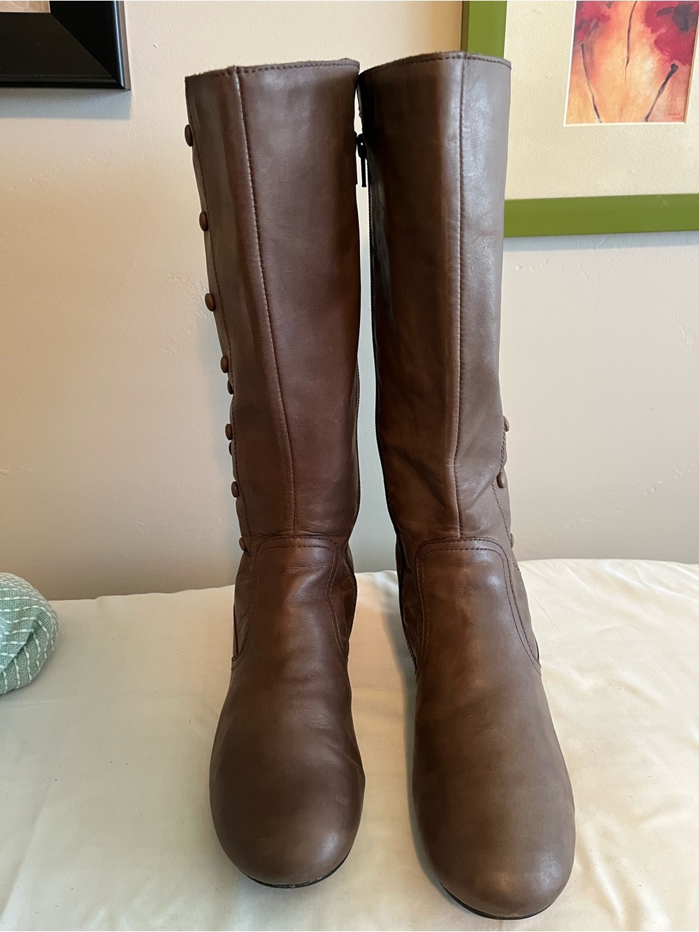 Women's Tall Grey Brown Button-Trim Leather Boots